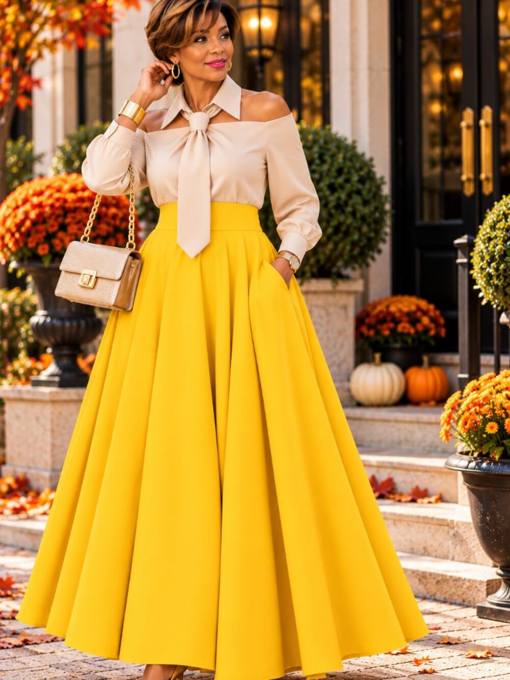 Yellow High Waist A-Line Maxi Skirt with Pockets Size XXL